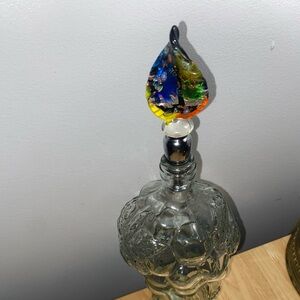 VTG  green glass grape cluster shaped bottle. With Murano cork. 10” tall